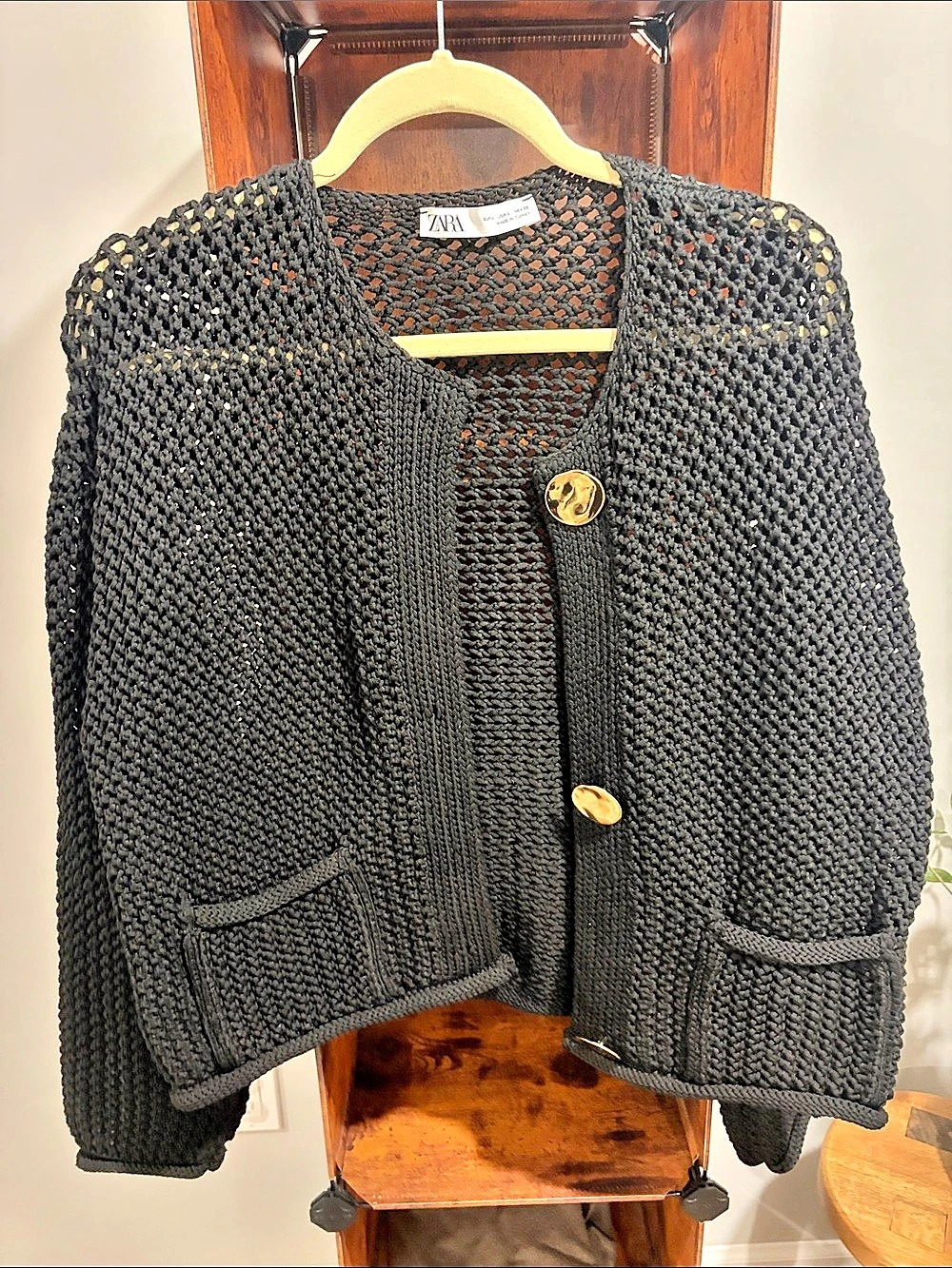 Zara Textured Knit Cardigan with Gold Buttons Black Large